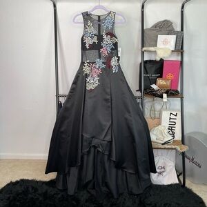 𝅺betsy & Adam Black HiLow Embroidered Floral Illusion Dress